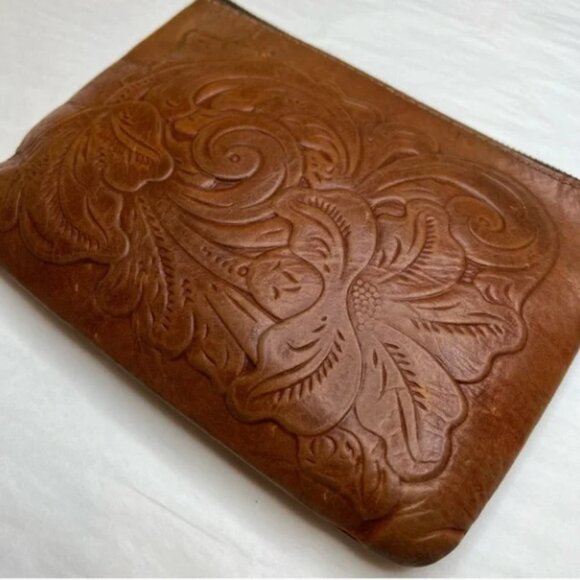Patricia Nash Cassini Genuine Leather Tooled Floral Wristlet Brown western